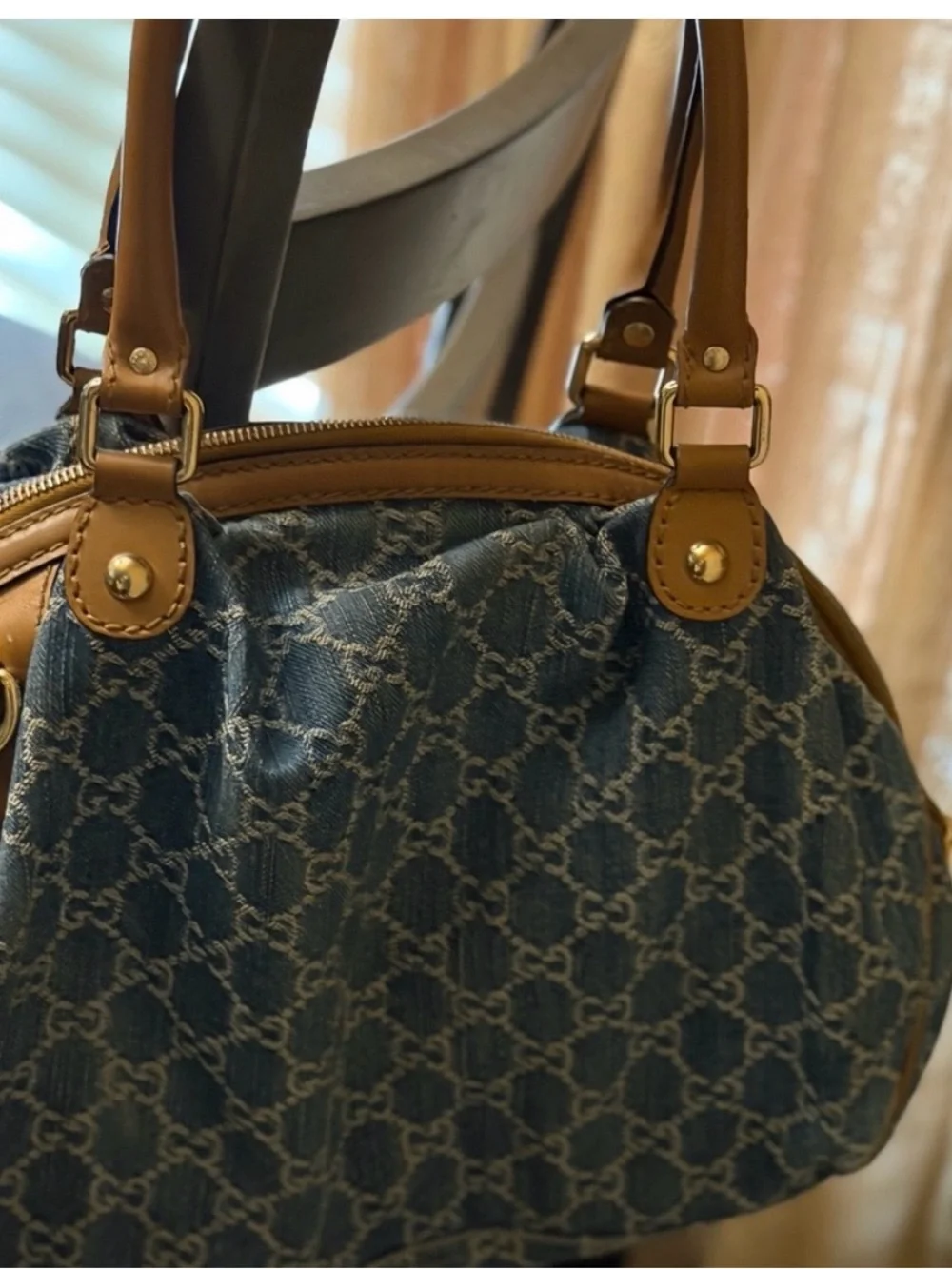 Gucci Blue Denim Monogram Shoulder Bag with Tan Leather Trim